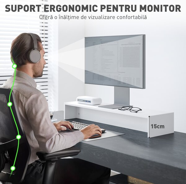 HOMCOM Suport monitor până la 16kg, cu 2 Compartimente de Depozitare, 100x27x15 cm, Alb | Aosom Romania
