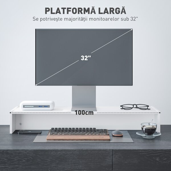 HOMCOM Suport monitor până la 16kg, cu 2 Compartimente de Depozitare, 100x27x15 cm, Alb | Aosom Romania