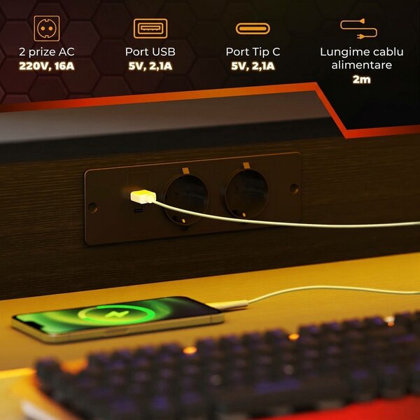 HOMCOM Birou de Gaming cu Lumini LED și Suport pentru Monitor, Masă Gaming cu Port USB și TYPE C, 100x60x88,5 cm, Negru | Aosom Romania