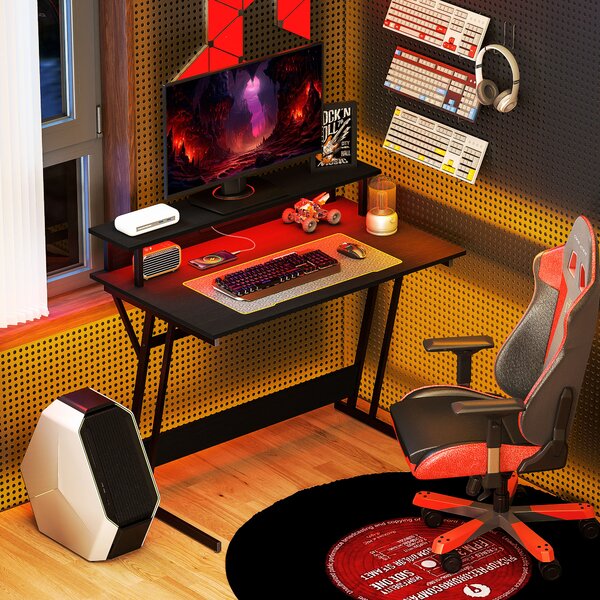 HOMCOM Birou de Gaming cu Lumini LED și Suport pentru Monitor, Masă Gaming cu Port USB și TYPE C, 100x60x88,5 cm, Negru | Aosom Romania