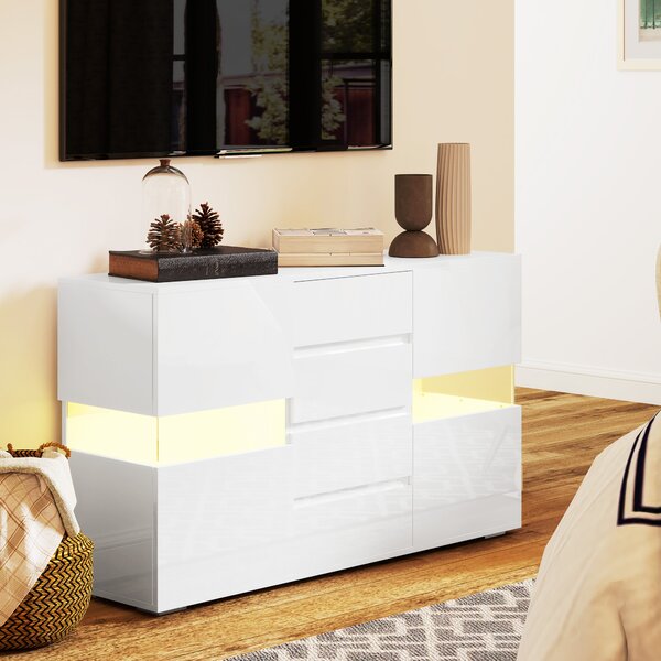 HOMCOM Bufet cu Lumini LED Reglabile prin Telecomandă, Mobilier de Sufragerie cu 4 Sertare și 2 Dulapuri, 120x34x70 cm, Alb | Aosom Romania