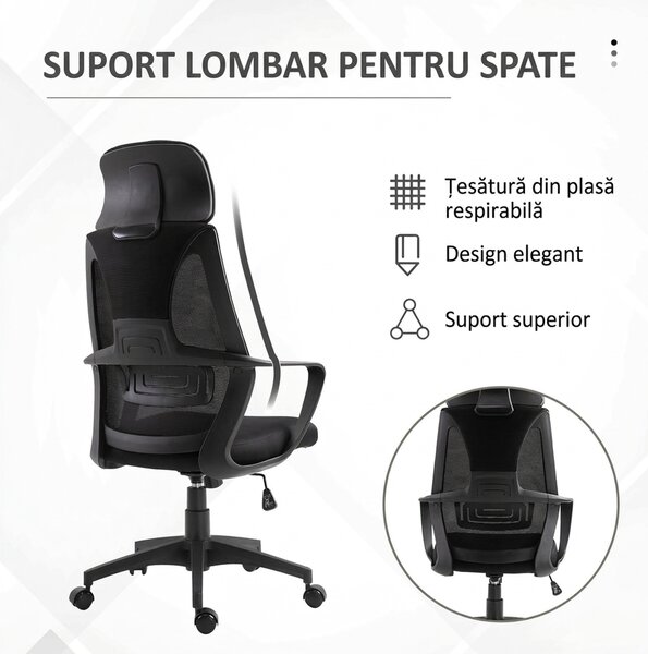 Vinsetto Scaun de Birou Ergonomic cu Brațe și Tetieră Reglabilă, Scaun Pivotant cu Suport Lombar, 64x55x116-126 cm, Negru | Aosom Romania