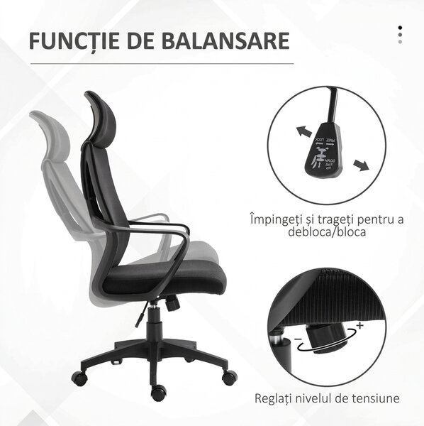 Vinsetto Scaun de Birou Ergonomic cu Brațe și Tetieră Reglabilă, Scaun Pivotant cu Suport Lombar, 64x55x116-126 cm, Negru | Aosom Romania