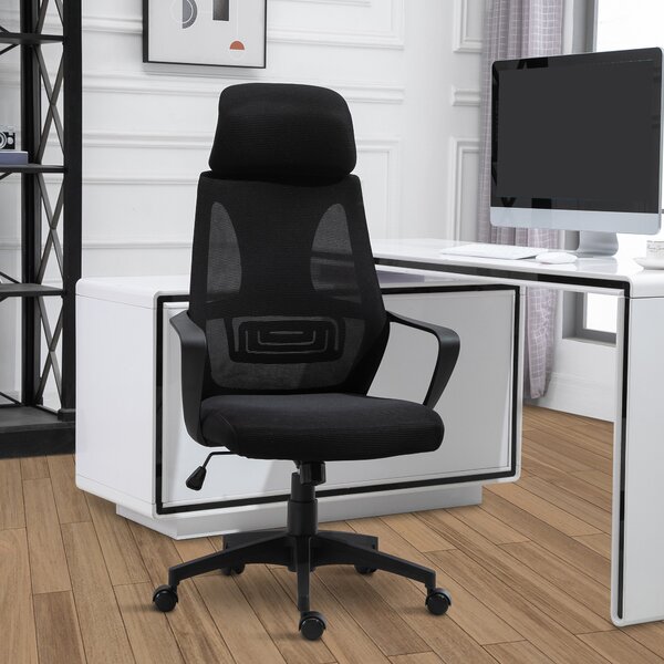 Vinsetto Scaun de Birou Ergonomic cu Brațe și Tetieră Reglabilă, Scaun Pivotant cu Suport Lombar, 64x55x116-126 cm, Negru | Aosom Romania