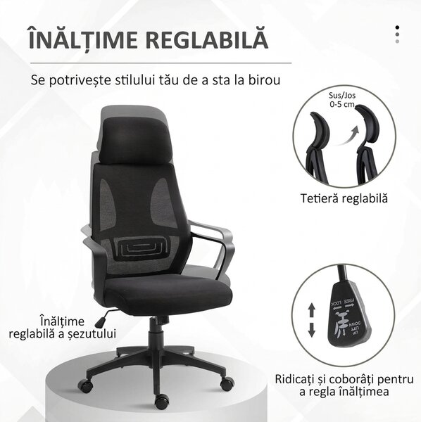 Vinsetto Scaun de Birou Ergonomic cu Brațe și Tetieră Reglabilă, Scaun Pivotant cu Suport Lombar, 64x55x116-126 cm, Negru | Aosom Romania