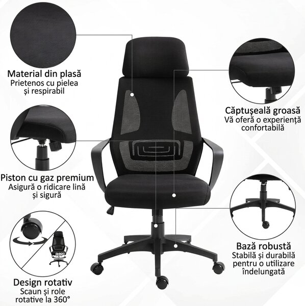 Vinsetto Scaun de Birou Ergonomic cu Brațe și Tetieră Reglabilă, Scaun Pivotant cu Suport Lombar, 64x55x116-126 cm, Negru | Aosom Romania