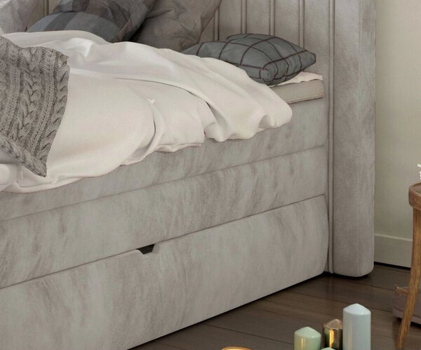 Pat boxspring MINOLA 160x200, stofa catifelata crem - Riviera 21, cu s