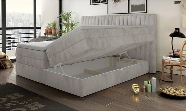 Pat boxspring MINOLA 160x200, stofa catifelata crem - Riviera 21, cu s