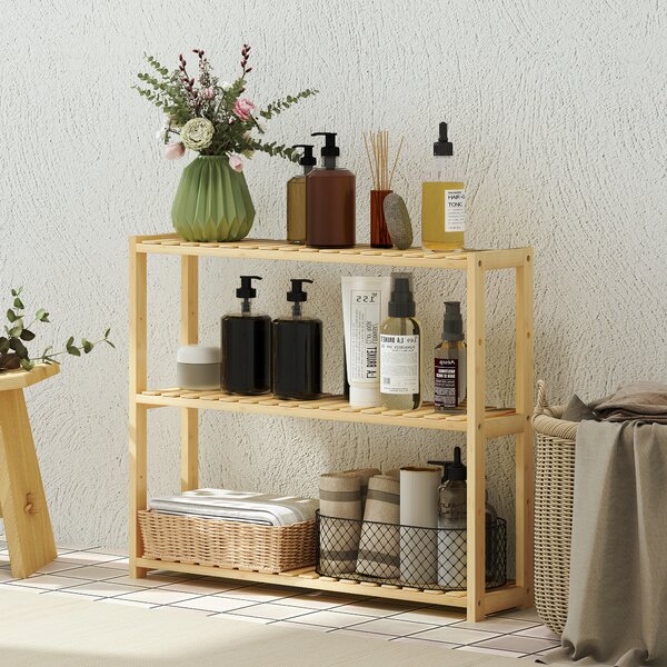 HOMCOM Etajeră de Baie cu 3 Rafturi Reglabile pe 5 Nivele, Dulap de Depozitare din Bambus, 60x15x50 cm, Lemn Natural | Aosom Romania