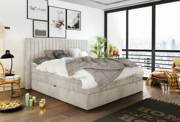 Pat boxspring MINOLA 160x200, stofa catifelata crem - Riviera 21, cu s