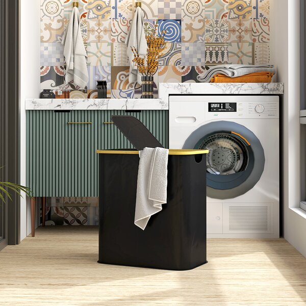HOMCOM Coș pentru Rufe de 80L cu 2 Secțiuni și Capac din Material Textil și Bambus, 54x34x58,5 cm, Negru | Aosom Romania