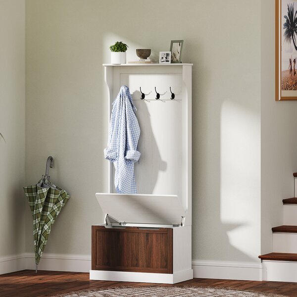 HOMCOM Cuier de Intrare 3 în 1 cu 4 Cârlige, Etajeră pentru Pantofi și Bancă Depozitare, 71,5x39,5x170 cm, Maro | Aosom Romania
