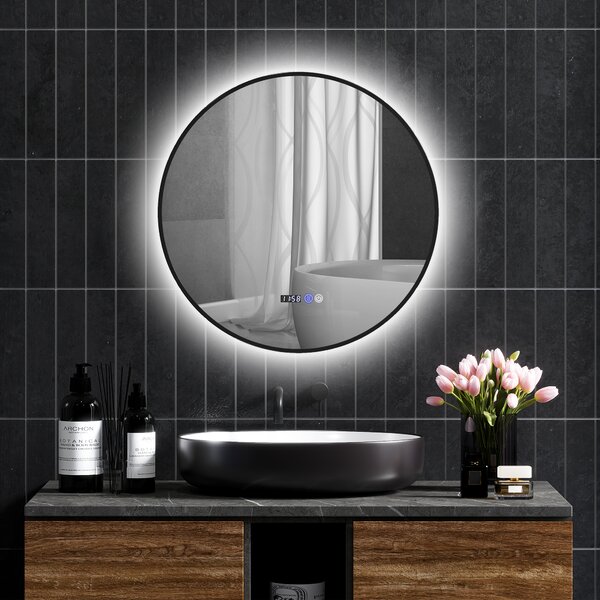 HOMCOM Oglindă de Baie Anti-Ceață cu Lumini LED Reglabile, Ø70x3 cm, Negru | Aosom Romania