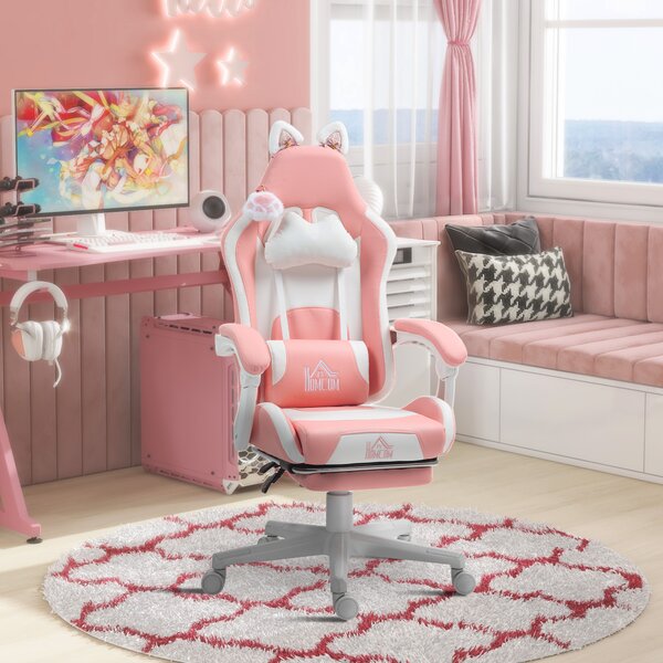 HOMCOM Scaun de Gaming Ergonomic cu Urechi de Pisică, Suport pentru Picioare și Suport Lombar, 65x62x116-124 cm, Roz | Aosom Romania