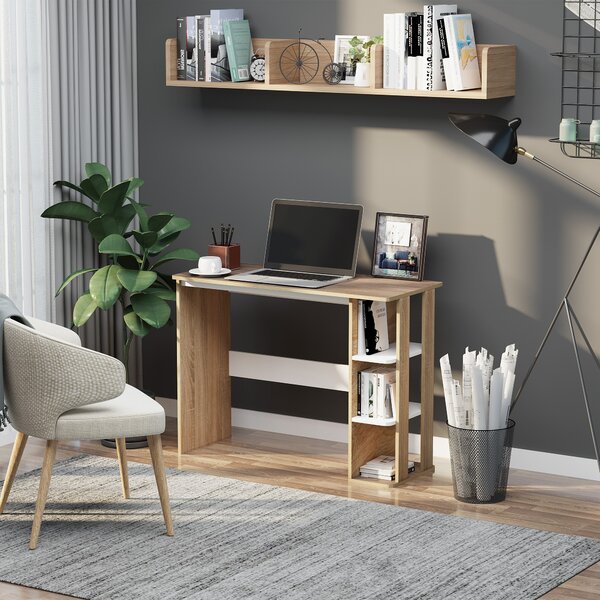 HOMCOM Birou Modern pentru Computer cu Raft cu 3 Etajere, Birou Modern din Lemn, 100x44x74 cm, Natural | Aosom Romania