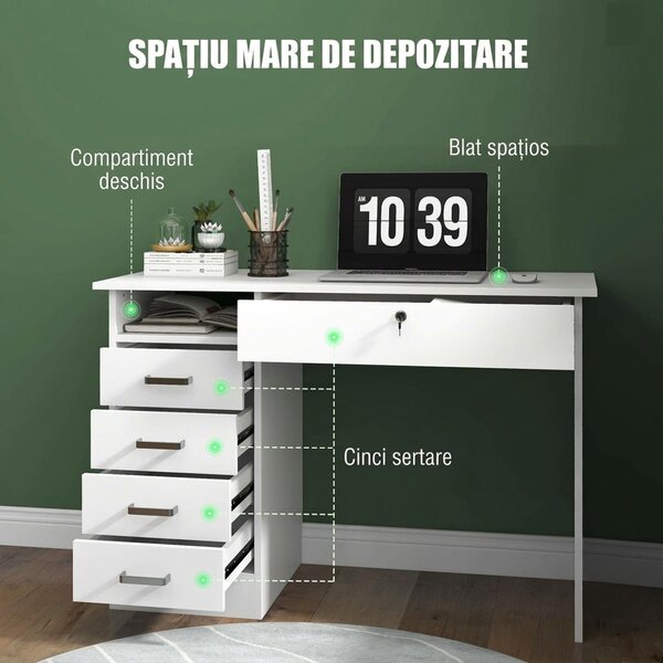HOMCOM Birou Modern cu 5 Sertare, Birou cu Sertare și Compartiment Deschis pentru Biroul de Acasă și Studiu, 110x50x76 cm, Alb | Aosom Romania