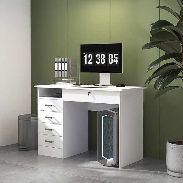 HOMCOM Birou Modern cu 5 Sertare, Birou cu Sertare și Compartiment Deschis pentru Biroul de Acasă și Studiu, 110x50x76 cm, Alb | Aosom Romania