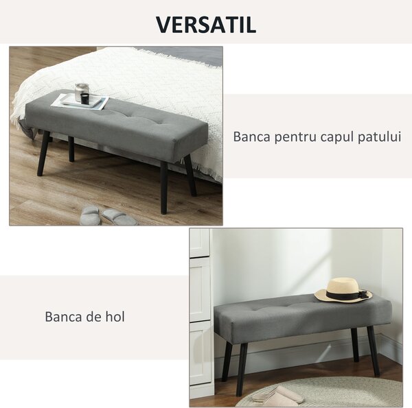 HOMCOM Bancă Tapițată din Catifea cu Șezut Căptușit și Picioare din Oțel, 100x36x45 cm, Gri | Aosom Romania