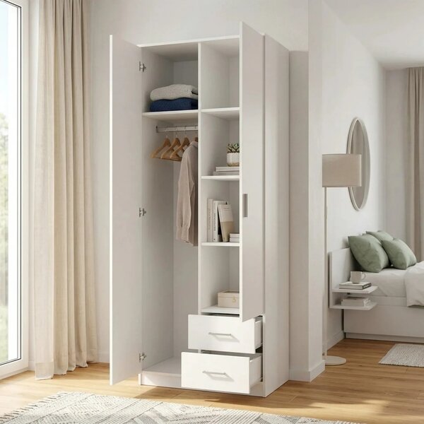Dulap LIMA S2, alb, PAL laminat, cu 2 usi si 2 sertare, 80x52x205 cm