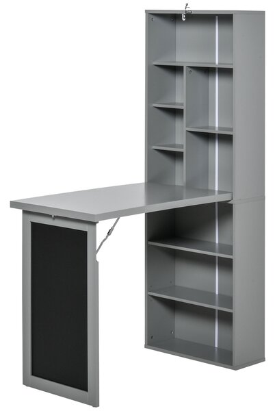 HOMCOM Birou Pliabil cu Bibliotecă, Tablă și Masă de Dining Rabatabilă, 98x51x153 cm, Gri închis | Aosom Romania