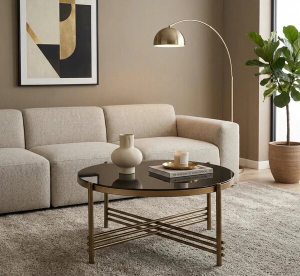 Masuta cafea Ismena, negru/auriu, sticla/otel, 80x80x41 CM
