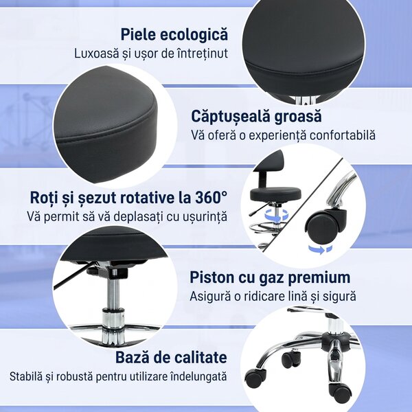 HOMCOM Scaun Rotativ la 360° și Reglabil pe Înălțime cu Suport pentru Picioare, 52x52x78-92 cm, Negru | Aosom Romania