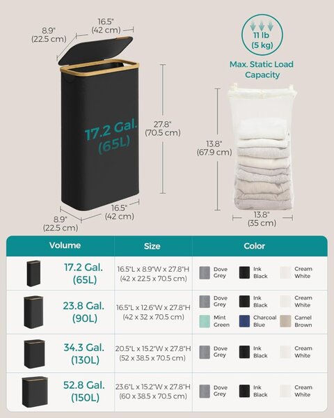 Cos de rufe Negru Songmics 42x22.5x70.5 cm