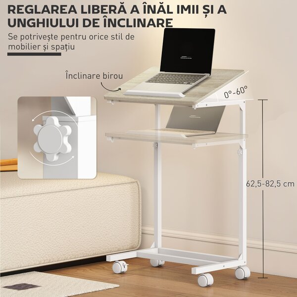 HOMCOM Măsuță de Lucru Reglabilă pe Înălțime cu Blat Înclinabil și 4 Roți | Aosom Romania