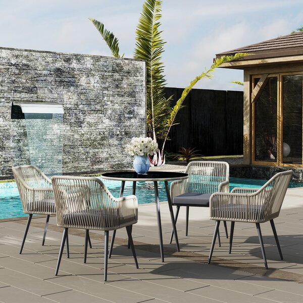 Outsunny Set Mobilier de Grădină cu Masă Rotundă și 4 Scaune, 54x65x80 cm, Maro Deschis | Aosom Romania