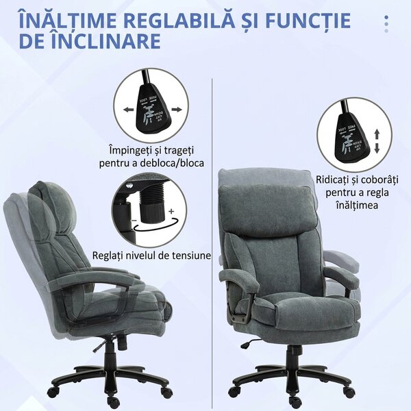 HOMCOM Scaun de Birou cu Spătar Înalt și Înălțime Reglabilă, 68,5x79x117-125 cm, Gri | Aosom Romania