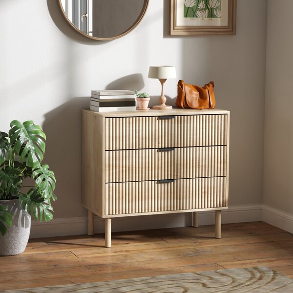 HOMCOM Comodă cu 3 Sertare, Picioare din Lemn Masiv și Design Canelat, 80x40x77,5 cm, Lemn Natural | Aosom Romania