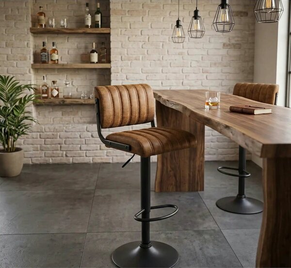 Scaun bar H88, maro/negru, piele ecologica/otel, 39x46x89/109 cm