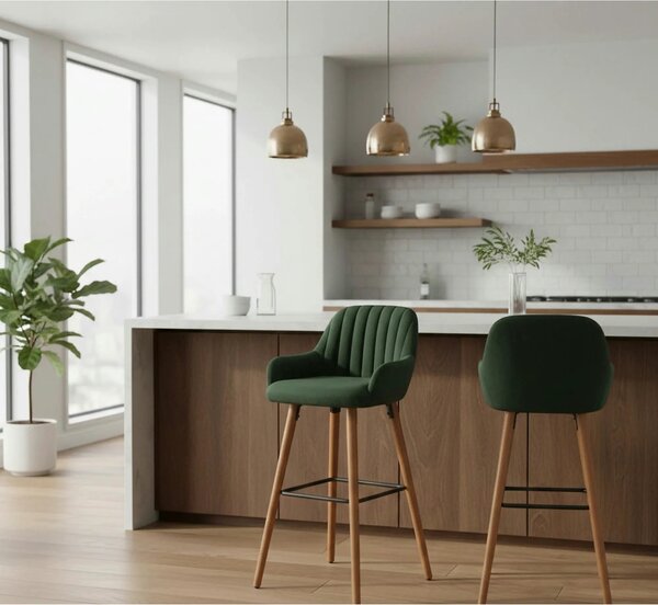 Scaun bar H93, verde inchis/nuc, stofa/lemn, 47x49x98 cm