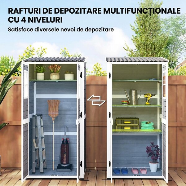 Outsunny Magazie pentru Unelte de Grădină din Lemn de Brad cu 2 Ferestre și Rafturi Reglabile, 91x69x192cm, Gri Deschis | Aosom Romania