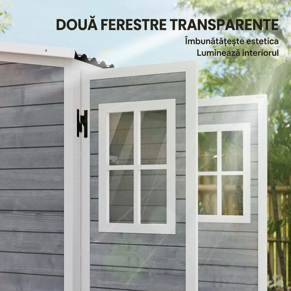 Outsunny Magazie pentru Unelte de Grădină din Lemn de Brad cu 2 Ferestre și Rafturi Reglabile, 91x69x192cm, Gri Deschis | Aosom Romania