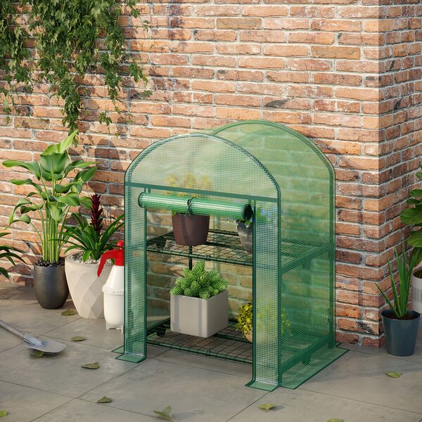 Outsunny Mini Seră de Grădină cu 2 Rafturi Metalice și Acoperiș PE, Seră Compactă pentru Balcon și Terasă, 69x49x91 cm, Verde | Aosom Romania