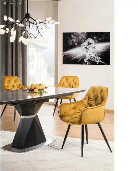 Scaun tapitat modern CHERRY, galben/negru, stofa catifelata/metal, 58x