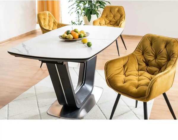 Scaun tapitat modern CHERRY, galben/negru, stofa catifelata/metal, 58x
