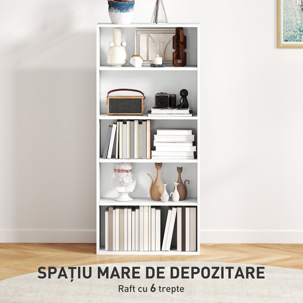 HOMCOM Bibliotecă cu 5 Niveluri și Rafturi Ajustabile, 60x24x133,5 cm, Alb | Aosom Romania