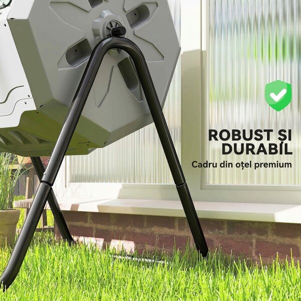 Outsunny Compostor Rotativ cu 2 Secțiuni și 8 Prize de Aerisire din Oțel și PP, 160L, 71x65x96 cm, Gri | Aosom Romania