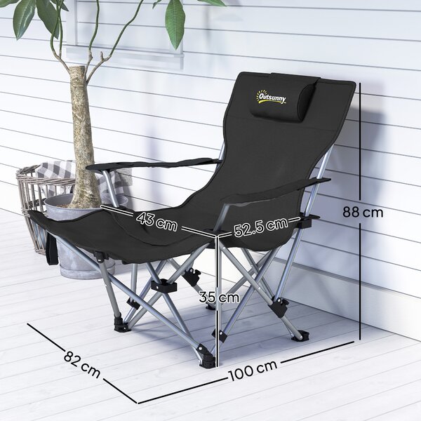 Outsunny Scaun de Camping Pliabil și Rabatabil cu Suport pentru Picioare Detașabil și Tetieră, 82x50/100x88 cm, Negru | Aosom Romania