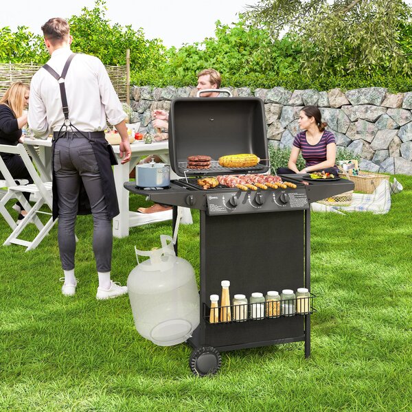 Outsunny Grătar pe Gaz cu Capac, Termometru, Masă Laterală și Tavă pentru Colectarea Grăsimii, 108x54x97 cm, Negru | Aosom Romania
