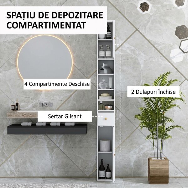 HOMCOM Dulap Înalt de Baie cu 2 Compartimente, 3 Rafturi Deschise și Sertar, 20x20x178 cm, Alb | Aosom Romania