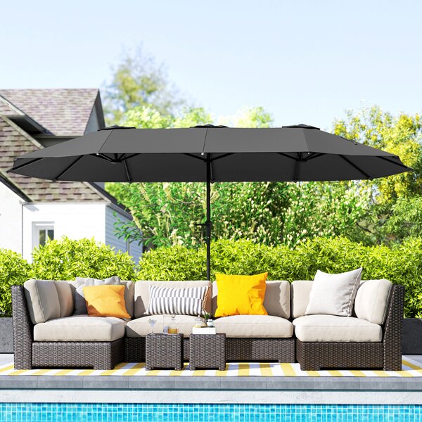Outsunny Umbrelă Dublă de Grădină cu 12 Spițe, Orificii de Ventilație și Manivelă, 400x220x234 cm, Gri Închis | Aosom Romania