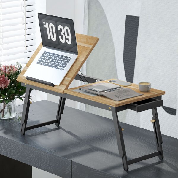 HOMCOM Suport Laptop Înclinabil, cu Înălțime Reglabilă și Sertar Lateral, 86x33x22,5-32 cm, Negru | Aosom Romania