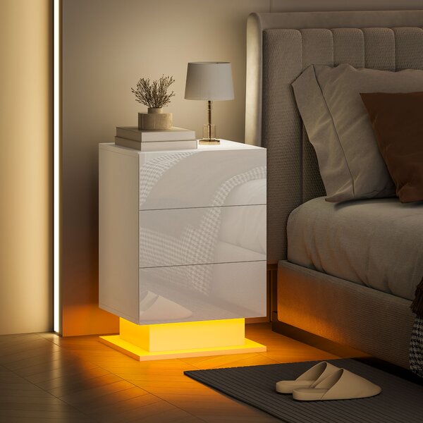 HOMCOM Noptieră cu Lumini LED Reglabile, 3 Sertare și Telecomandă, 40x35x60 cm, Alb | Aosom Romania