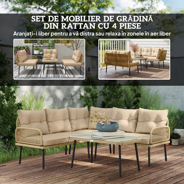 Outsunny Set de Mobilier de Grădină din 4 Piese cu 2 Canapele, Fotoliu de Colț și Măsuță de Cafea, 100x68x74 cm, Bej | Aosom Romania