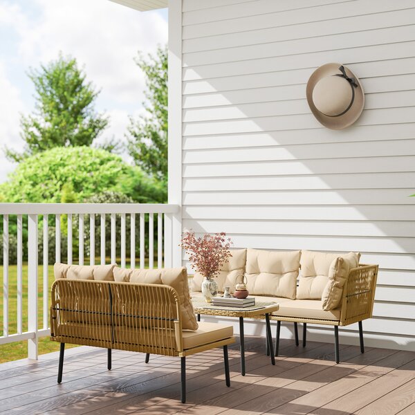 Outsunny Set de Mobilier de Grădină din 4 Piese cu 2 Canapele, Fotoliu de Colț și Măsuță de Cafea, 100x68x74 cm, Bej | Aosom Romania