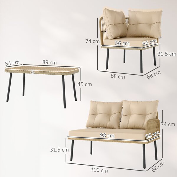 Outsunny Set de Mobilier de Grădină din 4 Piese cu 2 Canapele, Fotoliu de Colț și Măsuță de Cafea, 100x68x74 cm, Bej | Aosom Romania