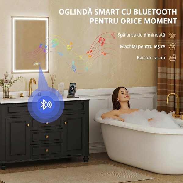 HOMCOM Oglindă Baie Antiaburire cu Lumină LED și Difuzor Bluetooth 50x70 cm | Aosom Romania